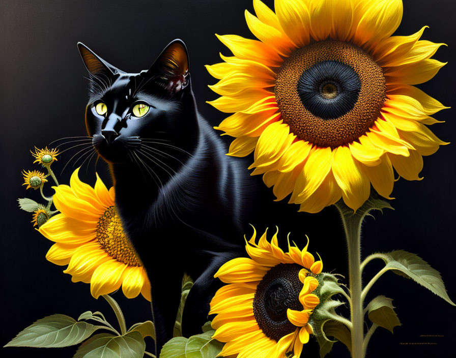 Black Cat Standing Among Sunflowers Against Dark Background