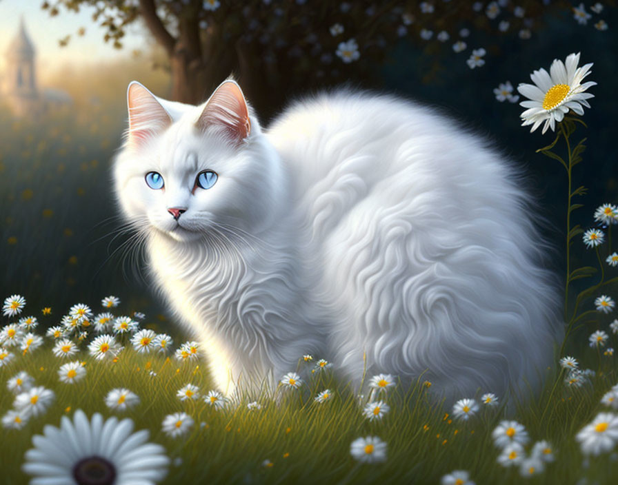 White Cat with Blue Eyes Among Daisies in Golden Sunlight