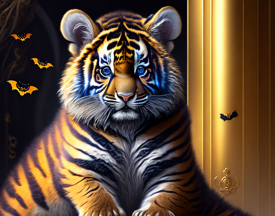 Young tiger with blue eyes on dark background with bats