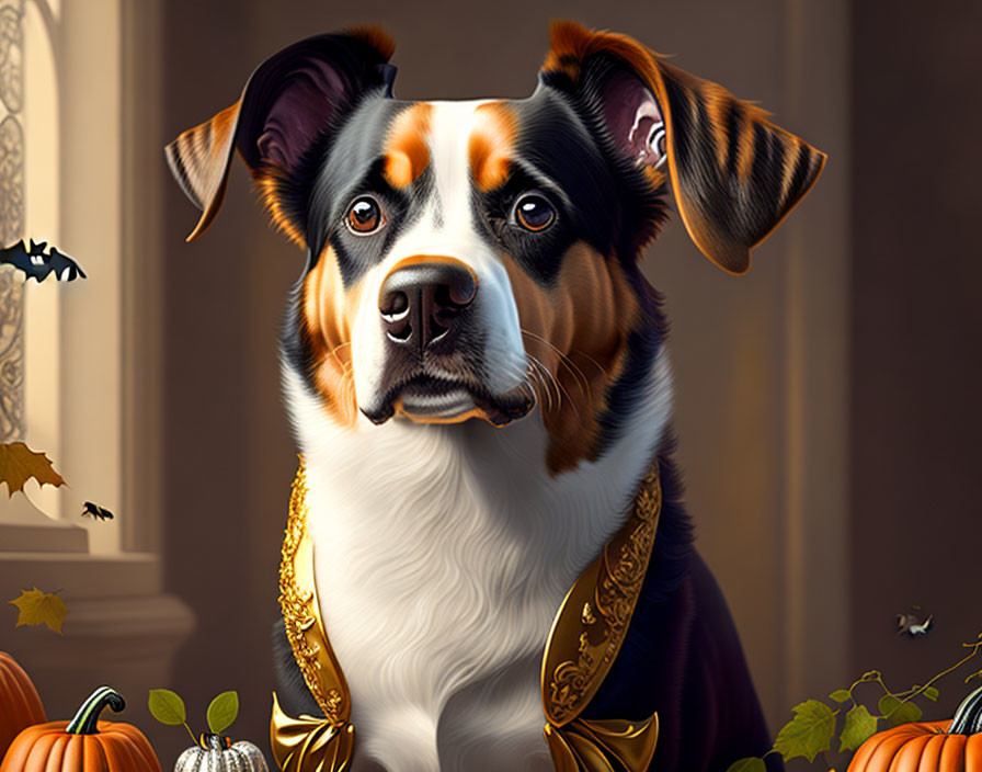 Regal Dog in Gold and Purple Cloak Among Pumpkins