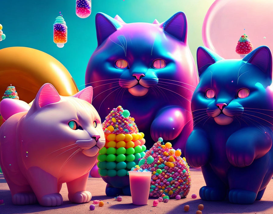 Colorful Stylized Cats Surrounded by Sweets in Fantasy Scene