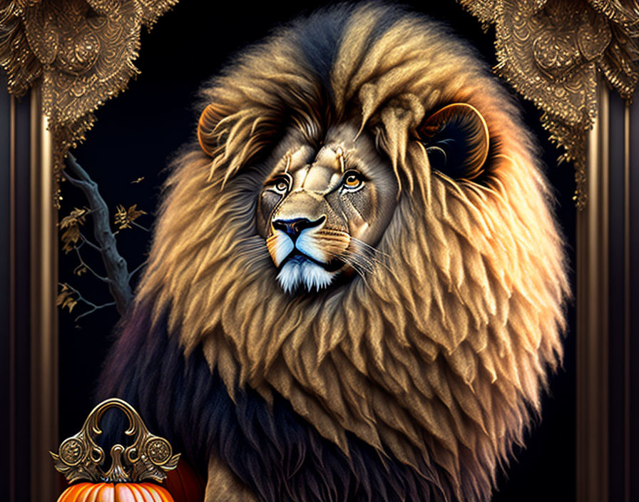 Majestic lion with lush mane, golden patterns, and pumpkin on dark background