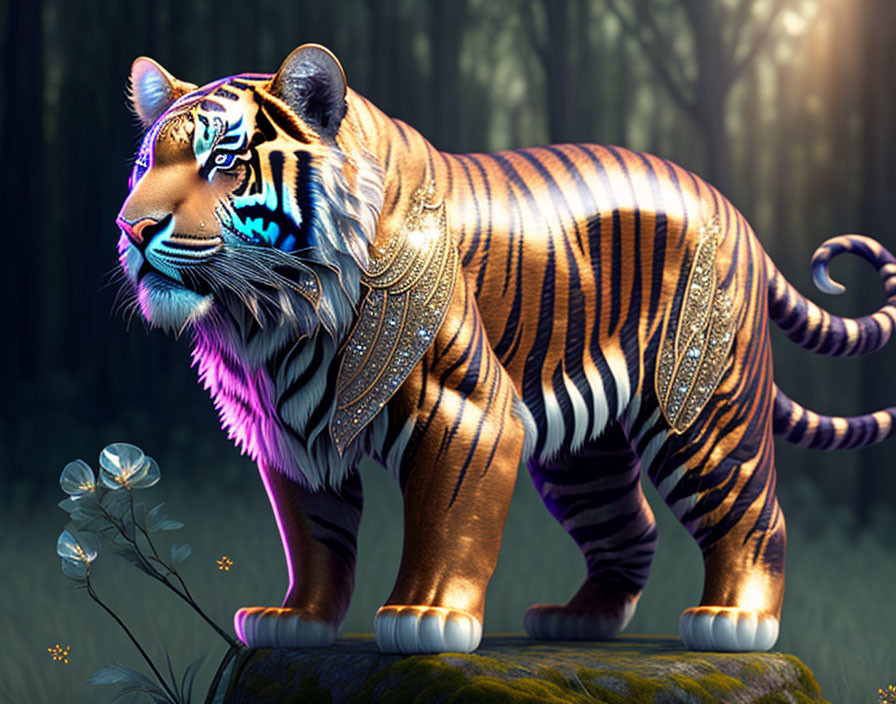 Vibrant tiger illustration in mystical forest