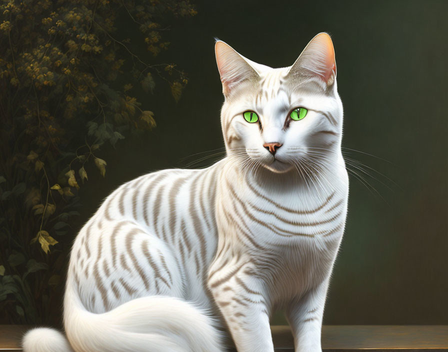 White Cat with Black Stripes and Green Eyes Against Dark Background with Yellow Flowers