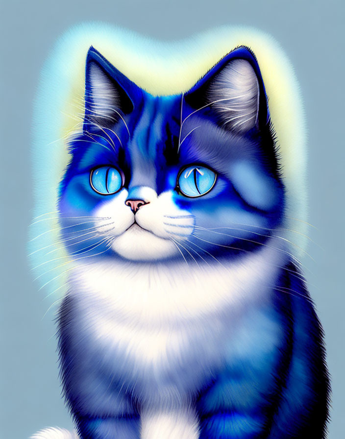 Fluffy blue and white cat with blue eyes and yellow aura.