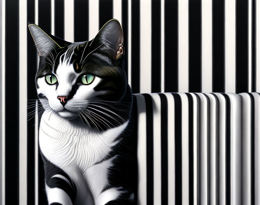 Black and White Cat with Green Eyes Against Striped Background