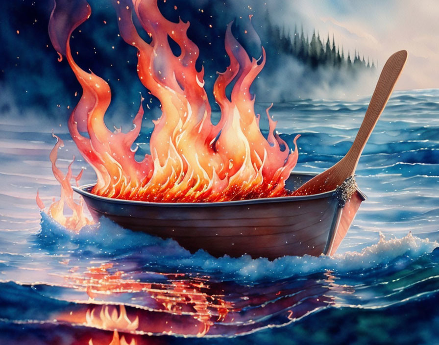 Wooden Boat on Calm Water with Vibrant Flames and Misty Forest Backdrop