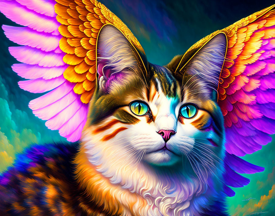 Colorful Cat with Butterfly Wings and Feathers on Psychedelic Background