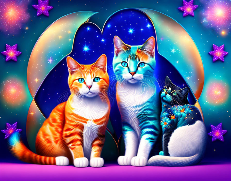 Colorful cats with celestial bodies in space-themed setting