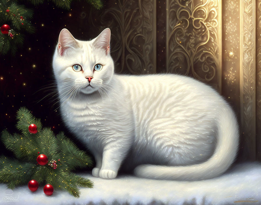 White Cat Beside Christmas Tree with Red Ornaments