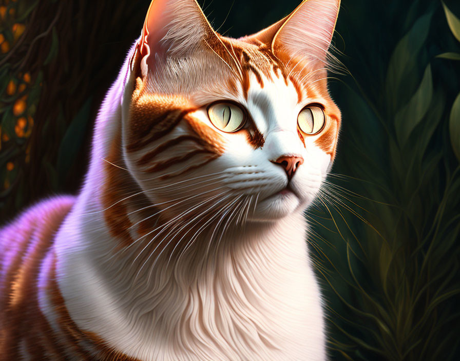 Close-up of orange tabby cat with yellow eyes and stripes in sunlight.