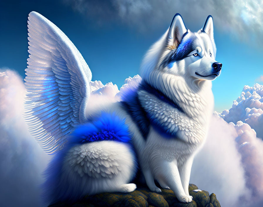 Blue and white Siberian Husky with wings on rock under blue sky