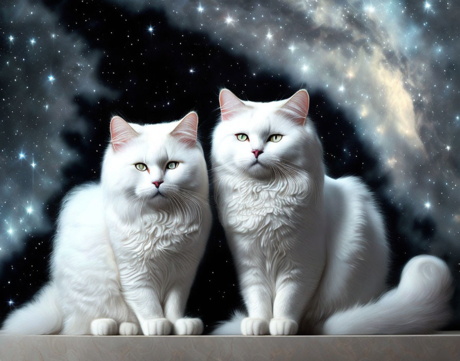 White Fluffy Cats with Intense Eyes Against Starry Galaxy