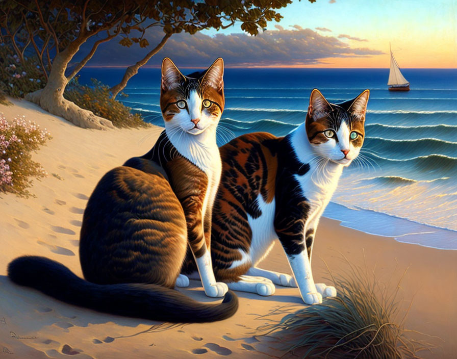 Two cats with unique markings on sandy beach at sunset, observing sailboat on calm sea.