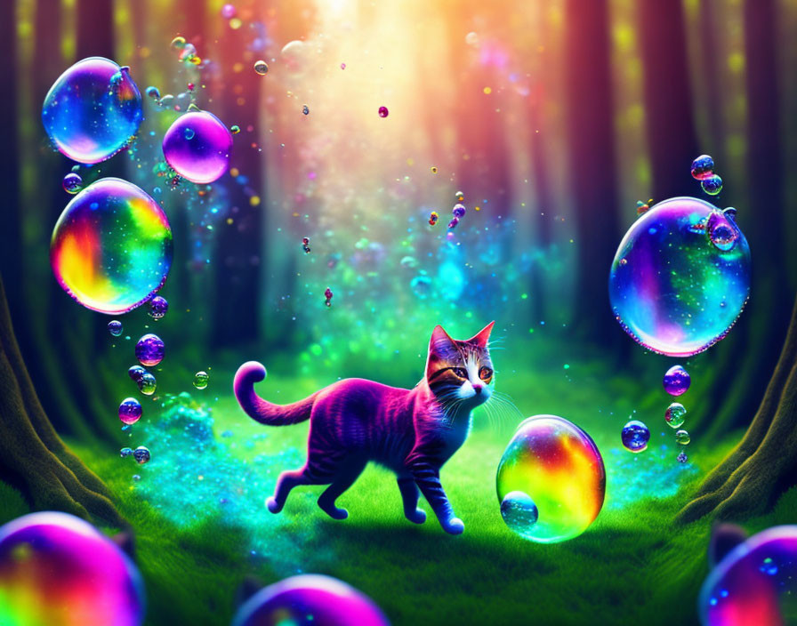 Colorful Cat in Magical Forest with Soap Bubbles and Sunlight