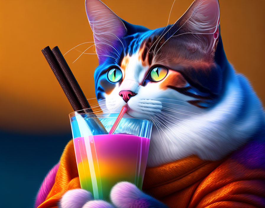 Colorful Cat Illustration with Blue Eyes and Multicolored Fur Drinking from Striped Glass