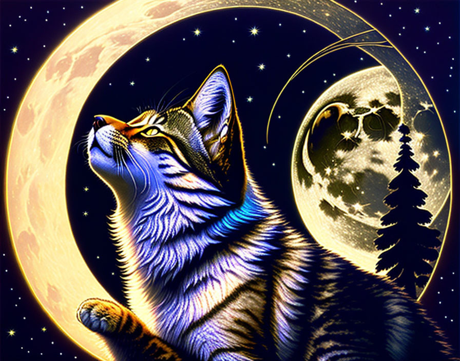 Illustrated cat under vibrant moons and stars in a cosmic scene