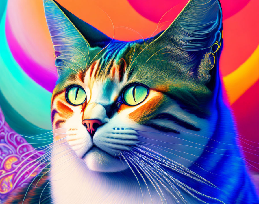 Colorful Digital Artwork: Cat with Green Eyes on Psychedelic Background