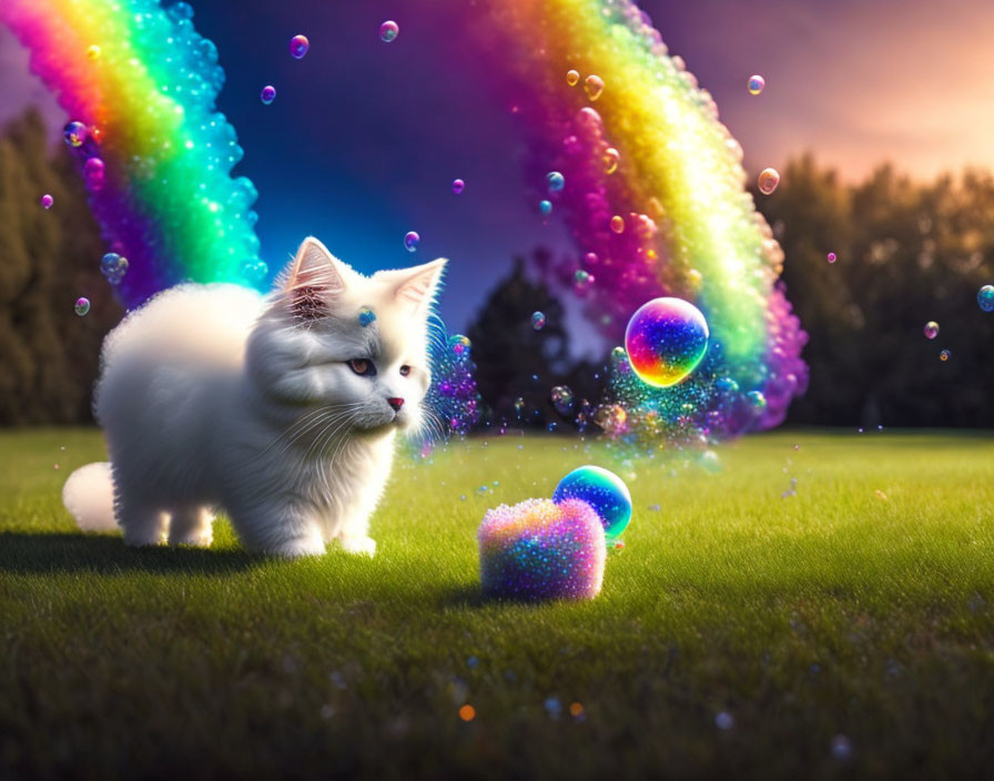 White Cat on Grass with Bubbles and Rainbow