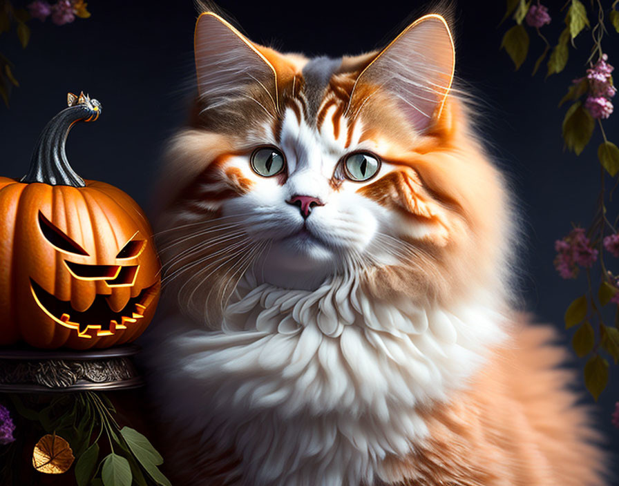 Fluffy orange-and-white cat with pumpkin and purple flowers