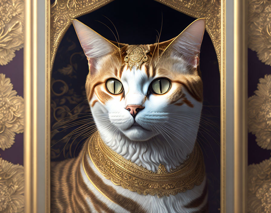 Regal Cat with Striking Markings and Golden Jewelry Portrait