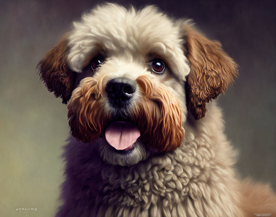 Detailed Illustration: Fluffy Beige and White Dog with Soulful Eyes