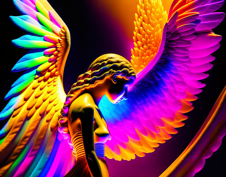 Colorful winged figure with intricate braids on dark backdrop