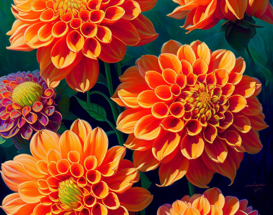 Bright orange dahlias with intricate petals blooming in lush greenery