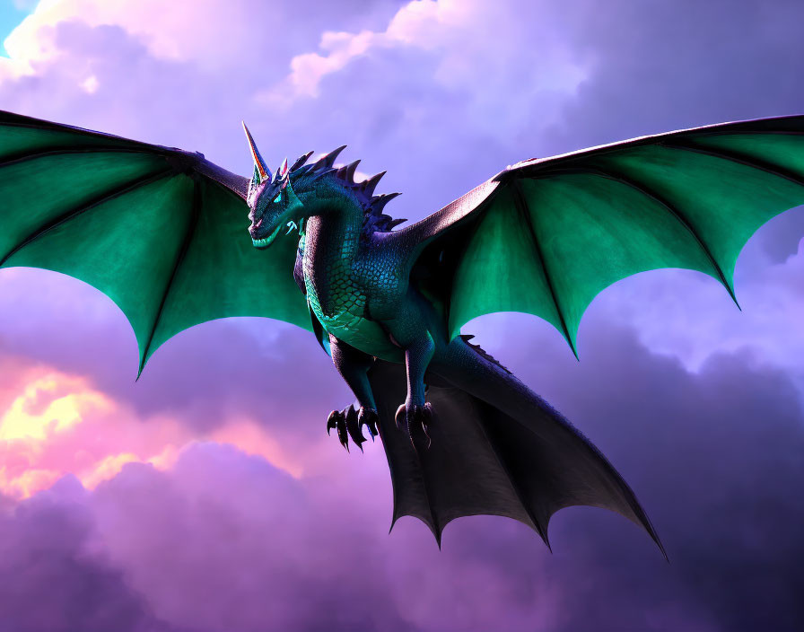 Blue dragon flying with expansive wings in purple twilight sky