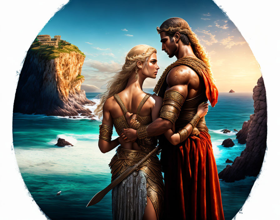 Warrior couple in armor embrace near cliffs, sea, and castle