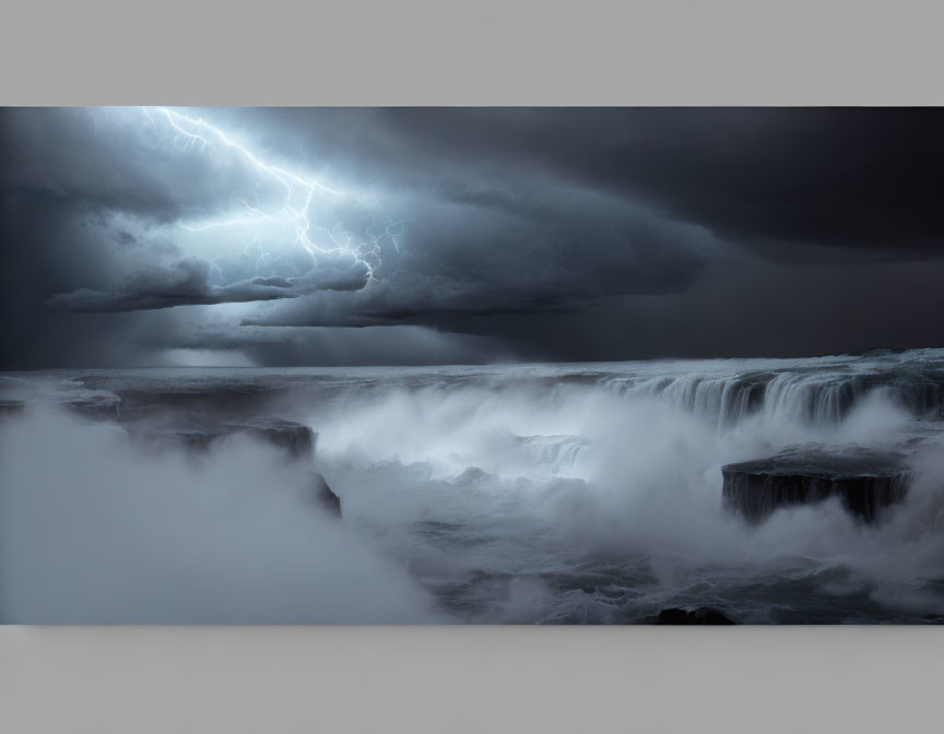 Stormy Night Sea Scene: Waves Crash on Rocks Under Lightning Sky