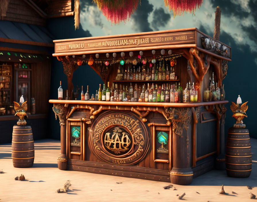 Virtual bar stand with bottles, emblems, and woodwork in twilight setting