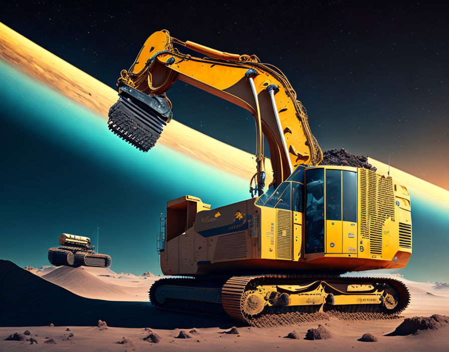 Excavator on sandy surface under starry sky with ringed planet.