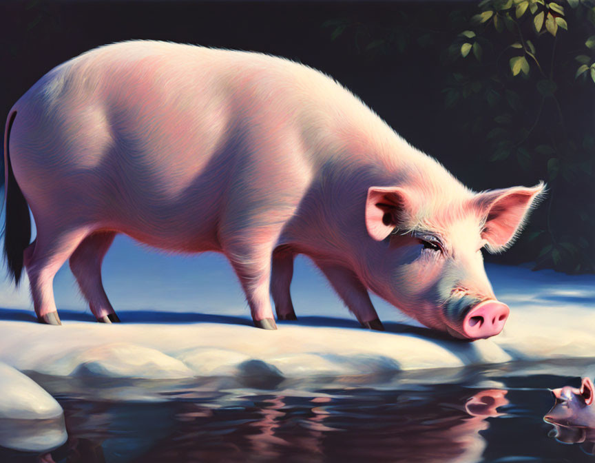 Pink pig by water with reflection and foliage backdrop