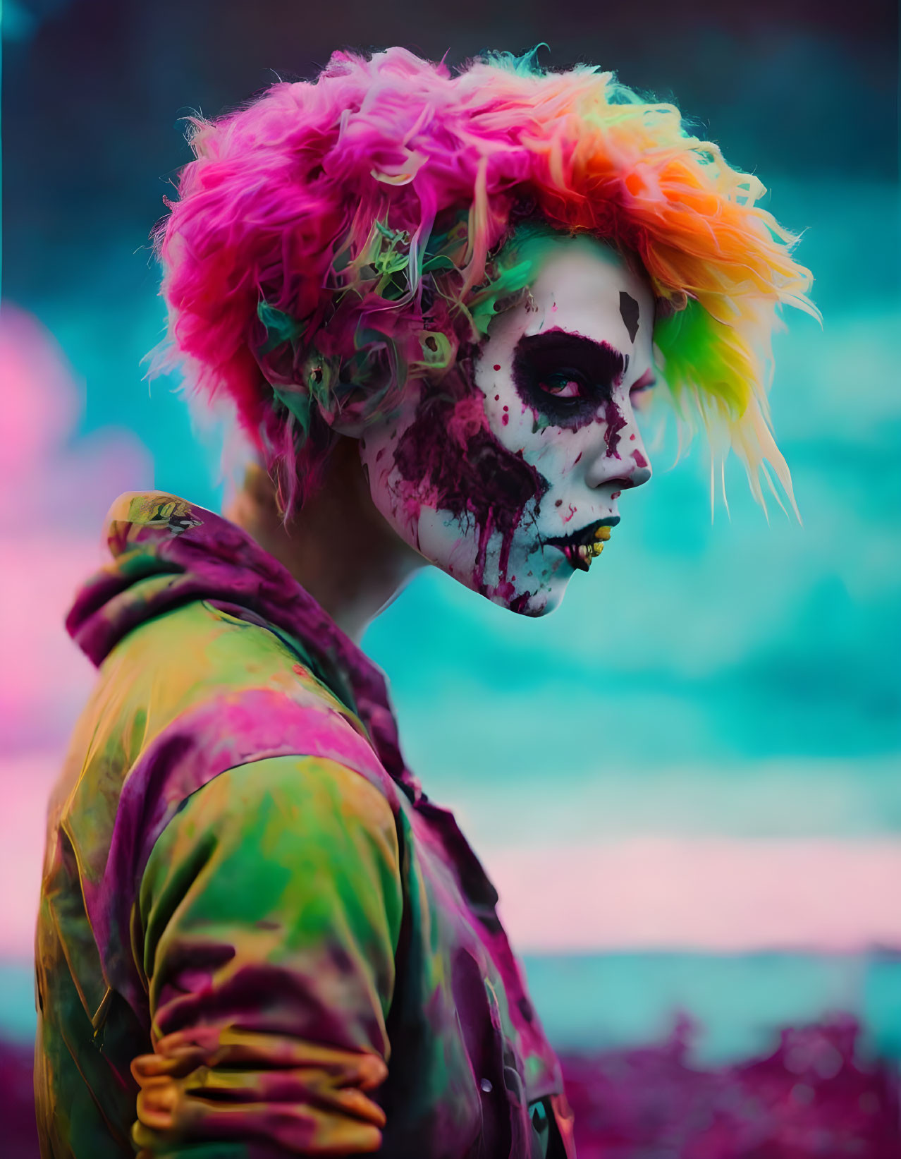 Vibrant multicolored hair and skull face paint on surreal background