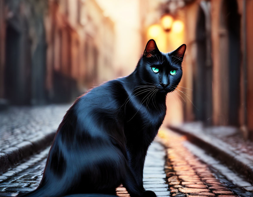 Majestic black cat with blue eyes on cobblestone street