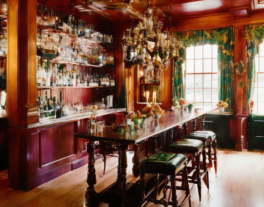 Wooden Bar with Mirrored Back, Stocked Shelves, Glassware, Green Stools in