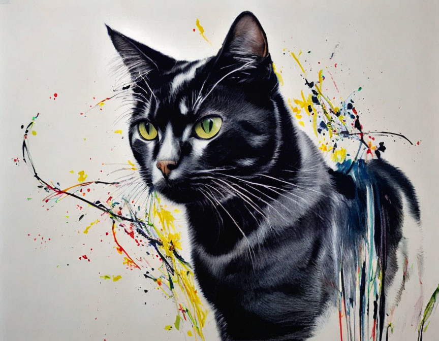 Black and White Cat with Green Eyes in Colorful Paint Splatter Environment