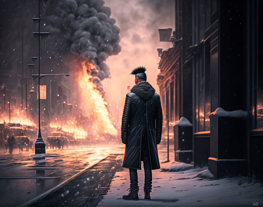 Urban street scene: person with mohawk views large fire and black smoke in snowy setting