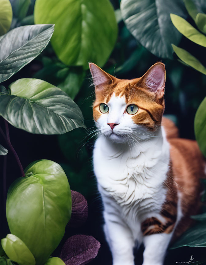 Orange and White Cat with Green Eyes in Lush Green Setting