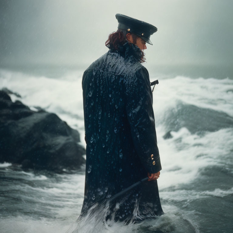 Naval uniform figure on rocky shore with stormy sky