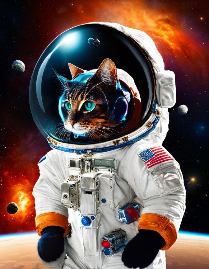 Cat in space helmet on astronaut body with cosmic background.