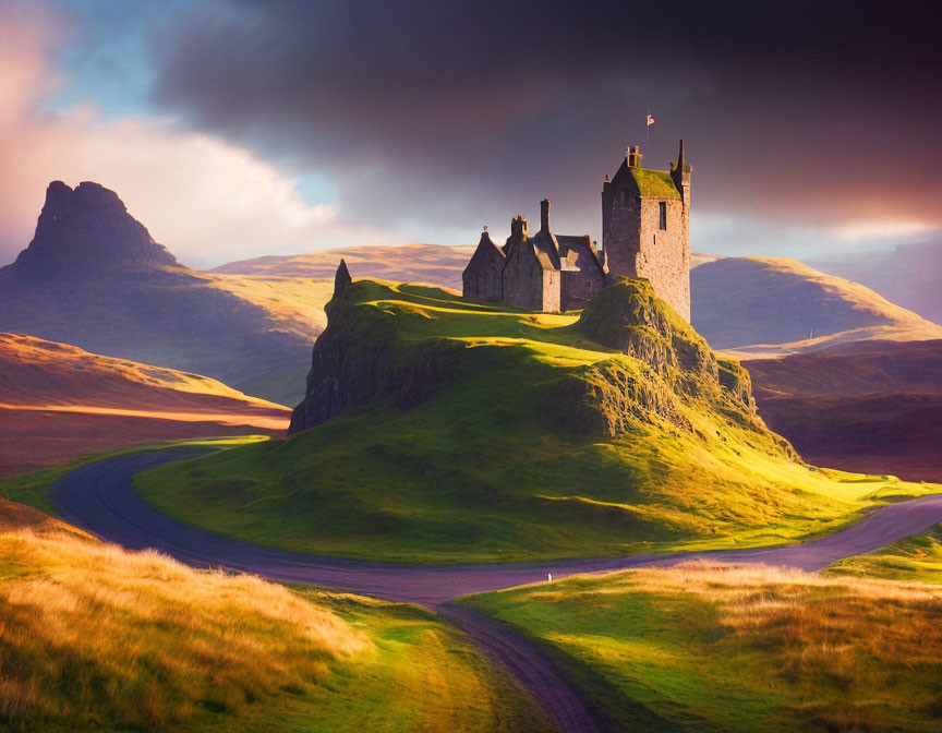 Winding Road to Ancient Castle on Green Hill at Sunset