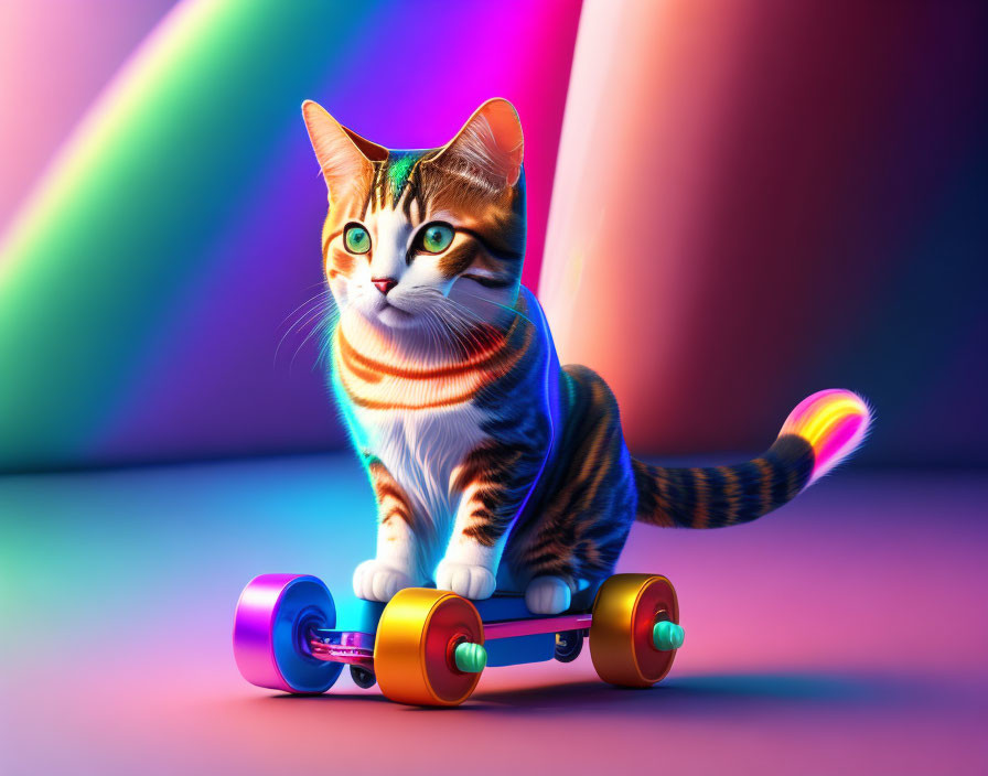 Colorful Cat Skateboarding in Neon-Lit Scene