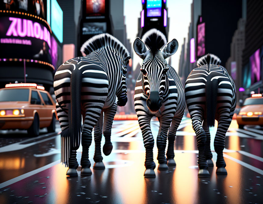 Zebras in City Street at Night with Illuminated Billboards