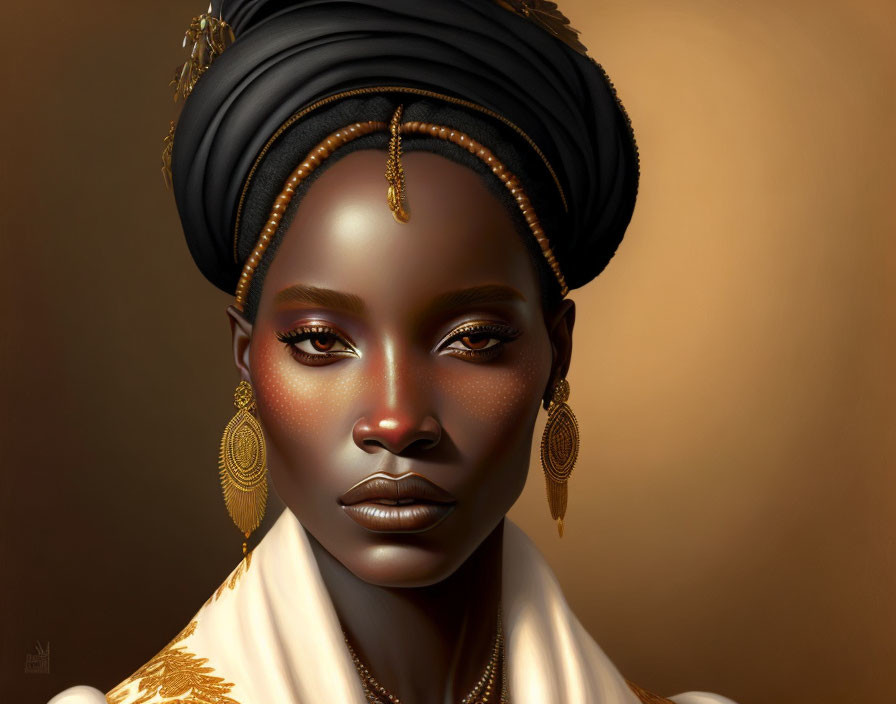 Portrait of woman with dark skin, gold jewelry, black turban, and powerful gaze