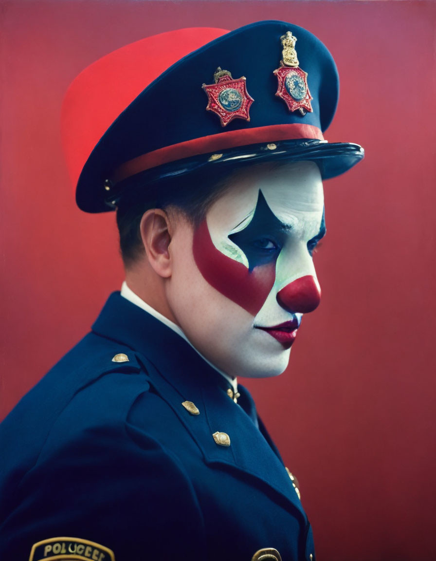 Clown with dramatic makeup in police uniform on red backdrop