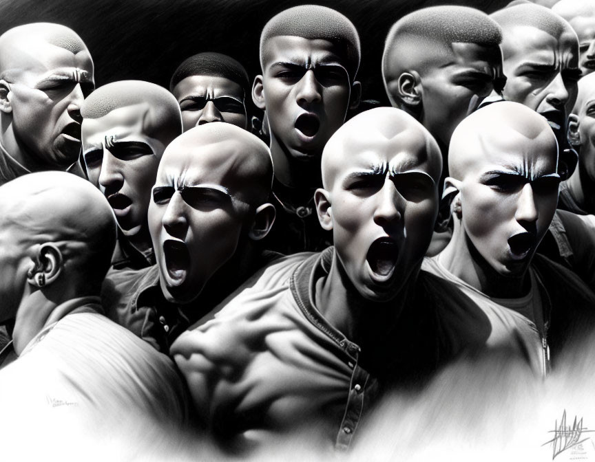 Monochrome art: Bald figure with intense facial expressions