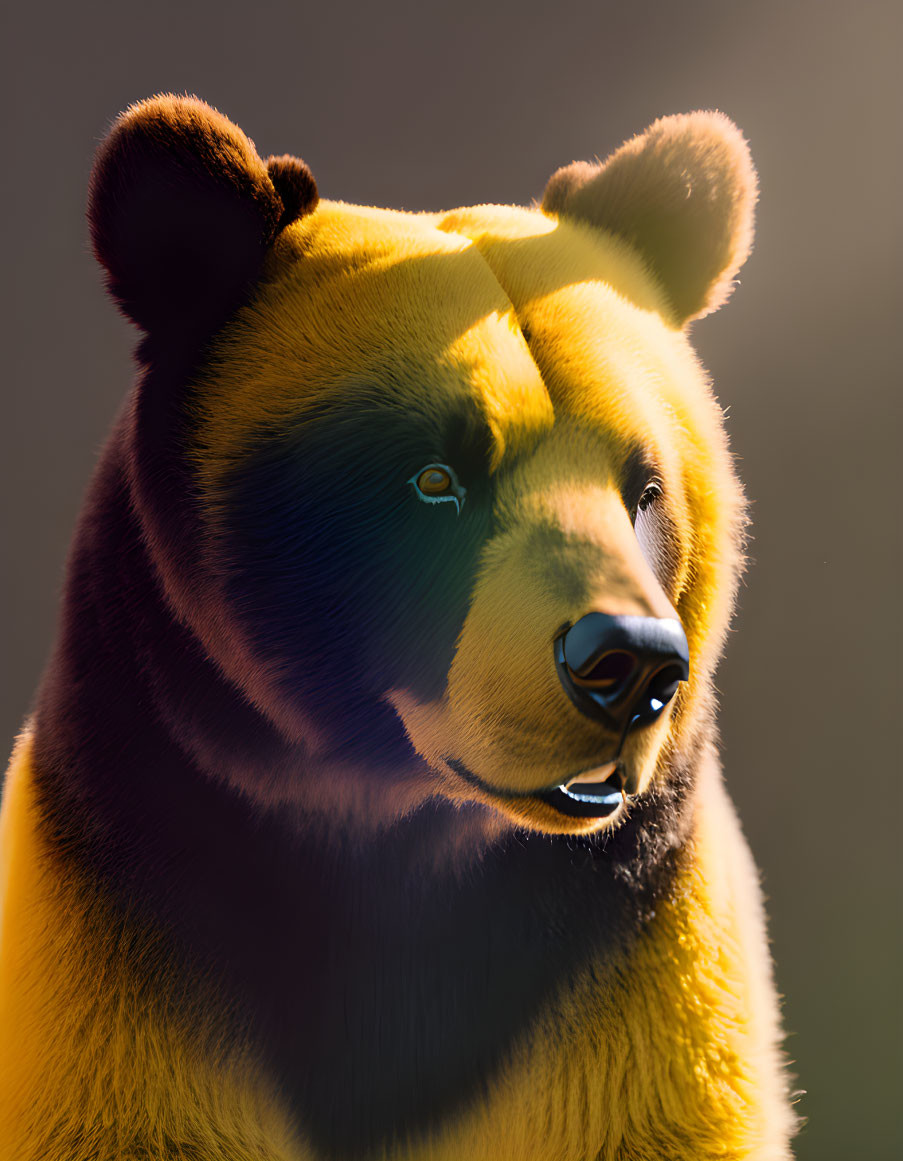 Bear's face close-up with warm lighting and gentle expression