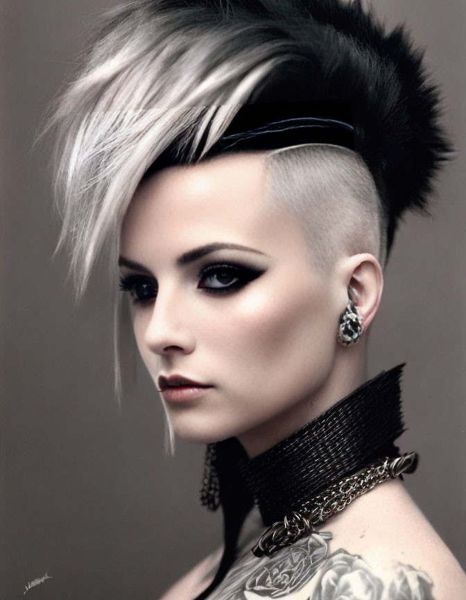 Bold Asymmetrical Hairstyle with Shaved Side and Black & White Top